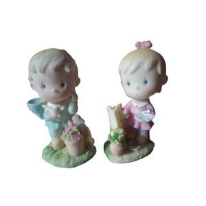 Vintage little girl painter and little boy butterfly catcher set figurines